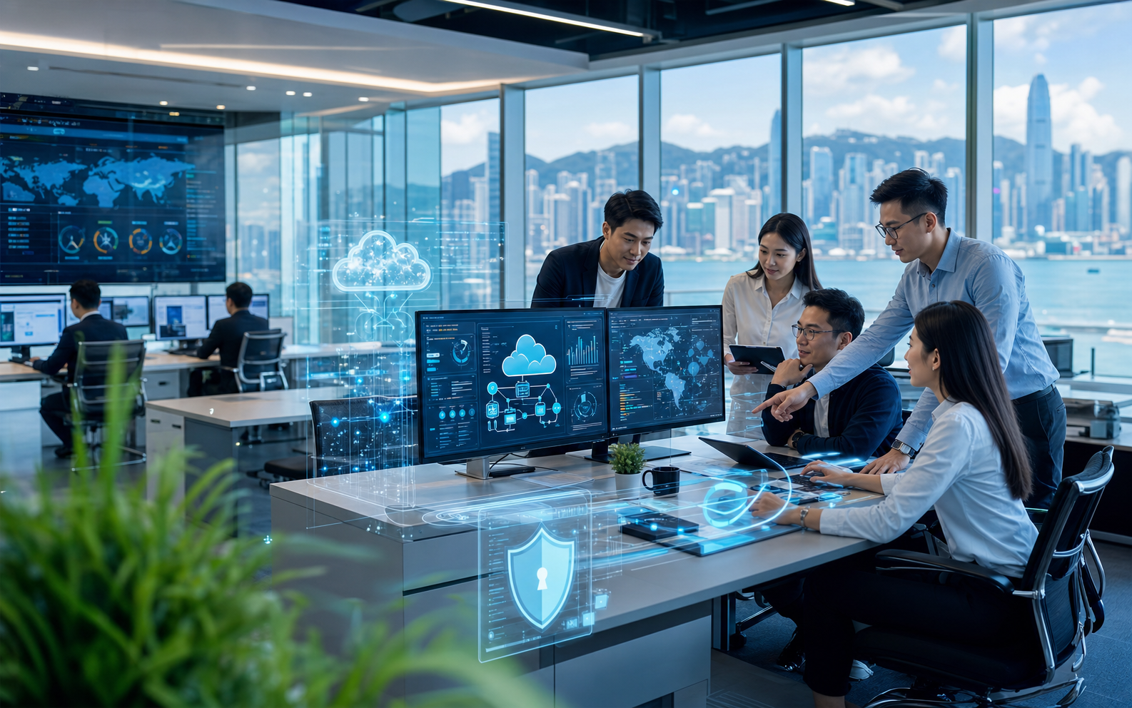 Technology team using AI, cloud, and cybersecurity dashboards in a bright Hong Kong office